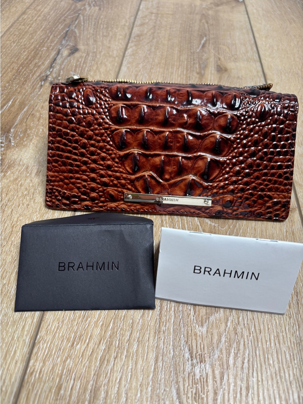 Brahmin Ady Wallet Pecan Melbourne Croc Embossed Leather Slim Continental Luxury